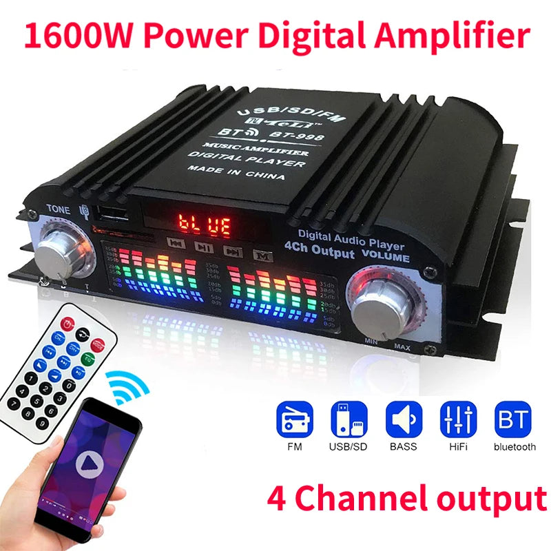 1600W HiFi Bluetooth 4-Channel Audio Amplifier