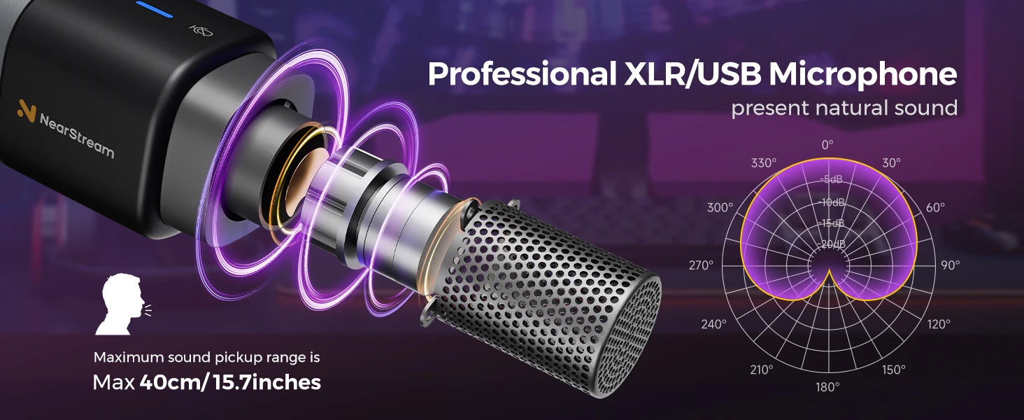 NearStream USB XLR Condenser Mic Boom Arm Plug-and-Play Professional Microphone pc for Streaming Podcast Studio set Recording