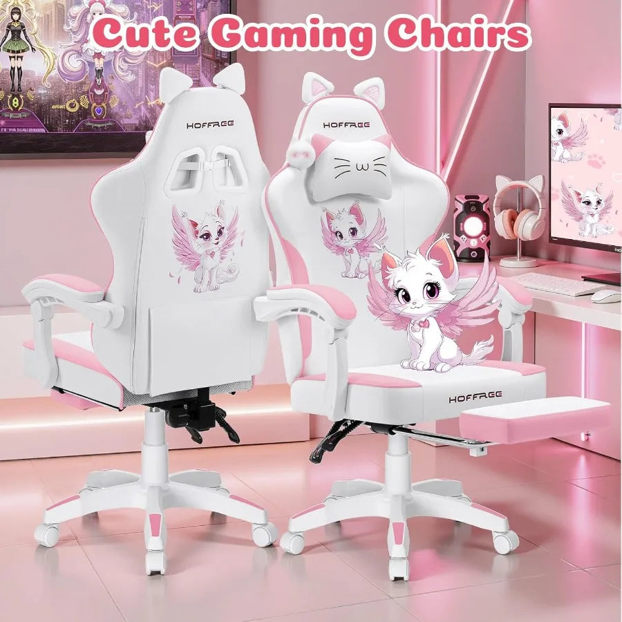 Pink Gaming Chair with Cat Ears and Cloud Massage Lumbar Ergonomic Cute Computer Chair for Girls with Footrest Comfortable Recl