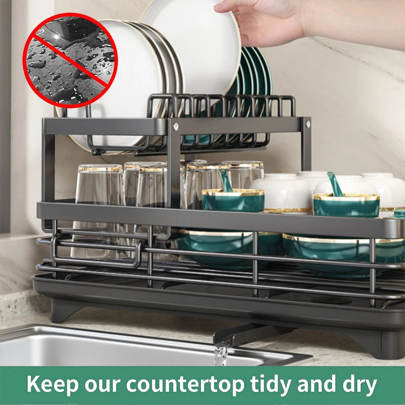 Large Dish Drying Rack with Drainboard & Swivel Spout – Black