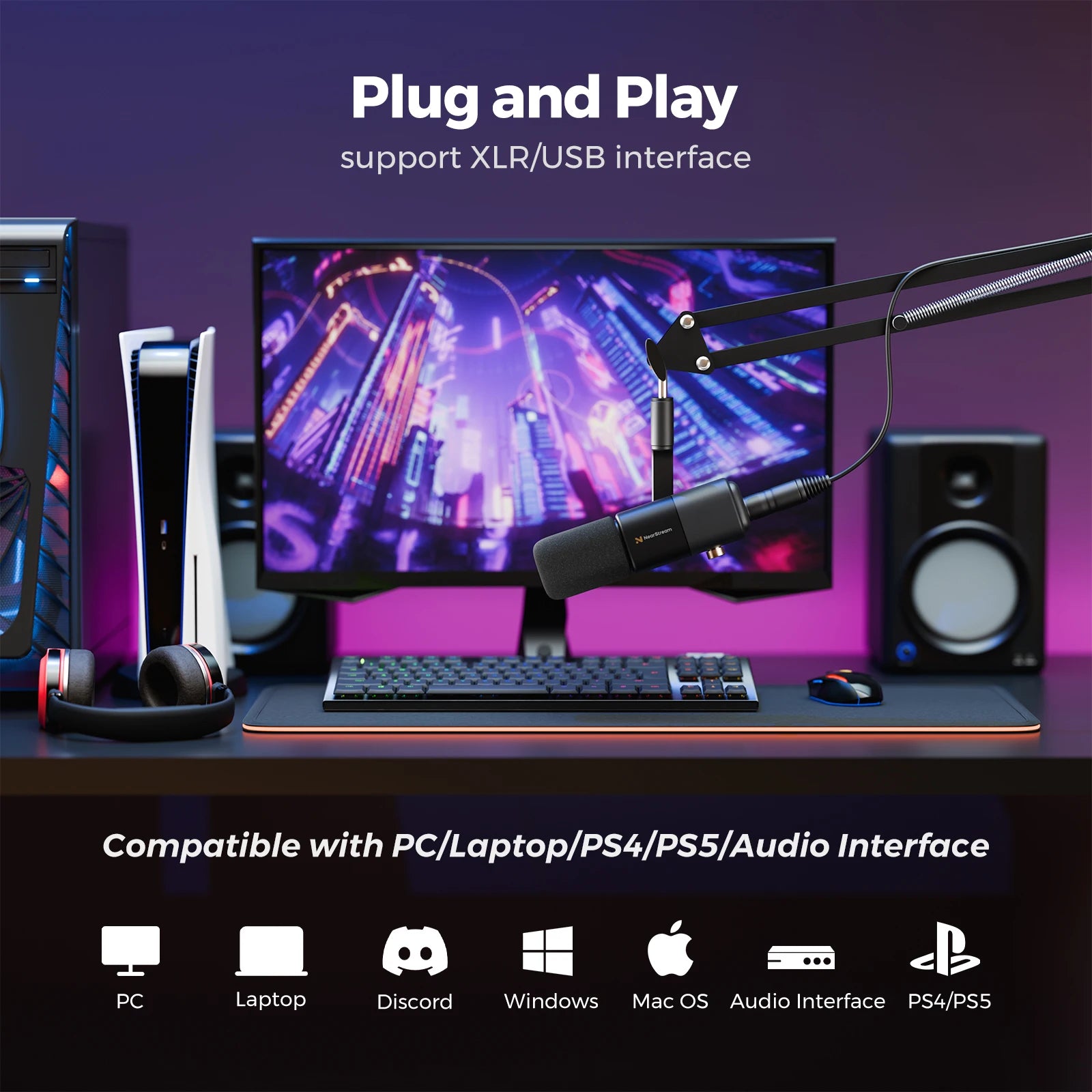 NearStream USB XLR Condenser Mic Boom Arm Plug-and-Play Professional Microphone pc for Streaming Podcast Studio set Recording