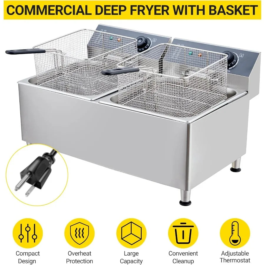 Twin 11L Commercial Deep Fryer with Dual 201 Stainless Steel Tanks and 2 Baskets Lids 3400W Total Power 1700W x 2 at 110V for H