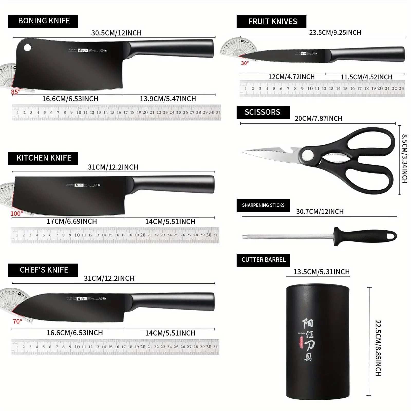 7pcs All-Steel Hollow Handle Kitchen Knife Set-Includes Cleaver,Slicer, Chef's Knife,and Fruit Knife.Round knife holder Home Use