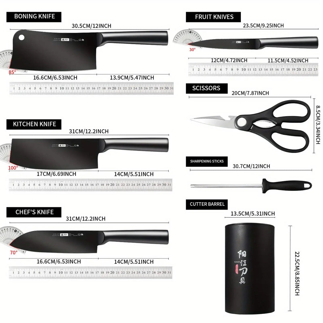 7pcs All-Steel Hollow Handle Kitchen Knife Set-Includes Cleaver,Slicer, Chef's Knife,and Fruit Knife.Round knife holder Home Use