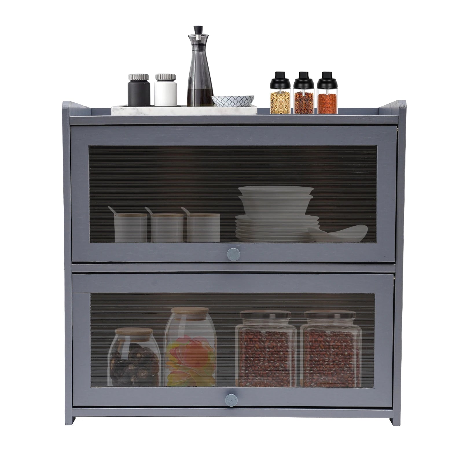 Gray Storage Cabinet, 2-Tier Kitchen Countertop Storage Cabinet with 2 Sliding Striped Acrylic Doors for Condiments Dish Bowls