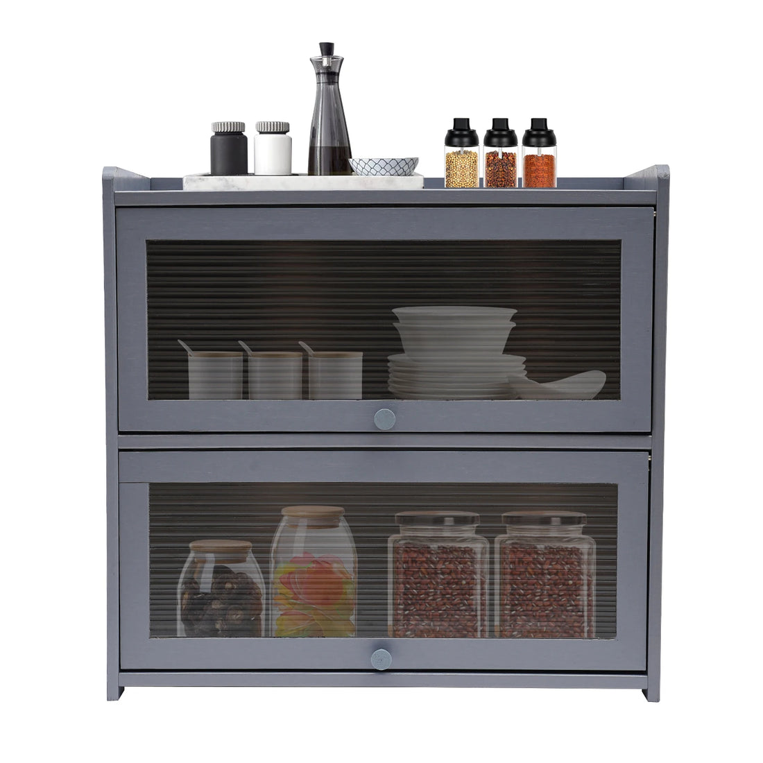 Gray Storage Cabinet, 2-Tier Kitchen Countertop Storage Cabinet with 2 Sliding Striped Acrylic Doors for Condiments Dish Bowls