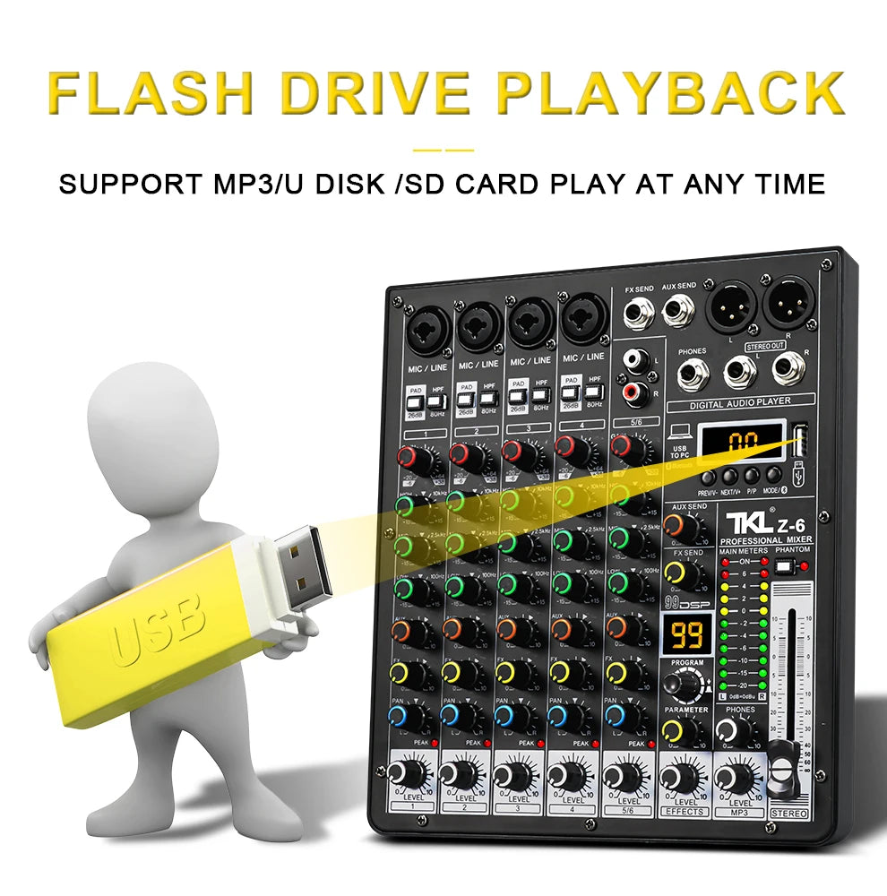 TKLBLS 6-Channel Professional Audio Mixer with DSP & Bluetooth