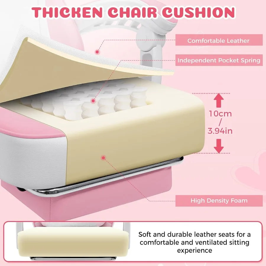 Pink Gaming Chair with Cat Ears and Cloud Massage Lumbar Ergonomic Cute Computer Chair for Girls with Footrest Comfortable Recl