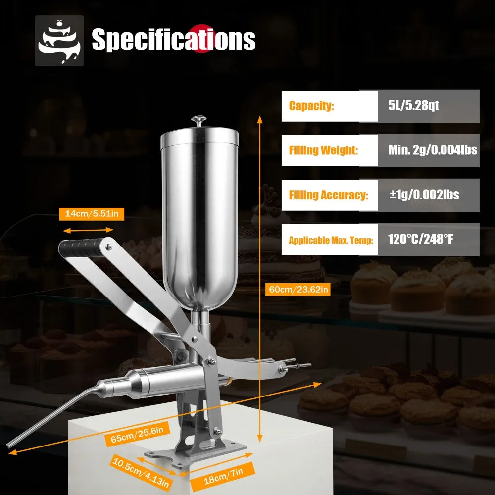 Donut Filler Machine 5L Manual Donut Jelly Filler Injector Machine Doughnuts Filling Machine with 4 Pipes for Restaurant Kitchen