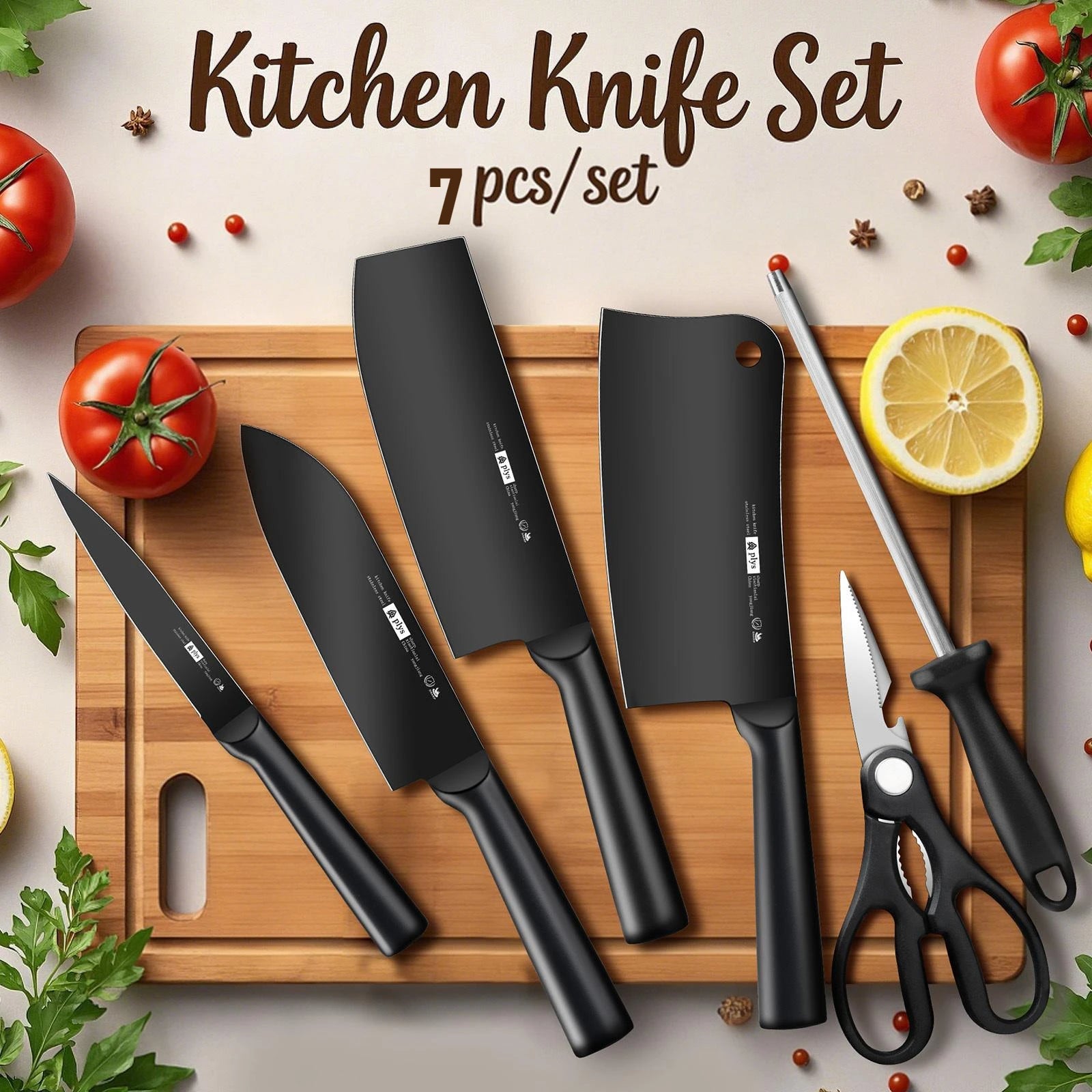 7pcs All-Steel Hollow Handle Kitchen Knife Set-Includes Cleaver,Slicer, Chef's Knife,and Fruit Knife.Round knife holder Home Use