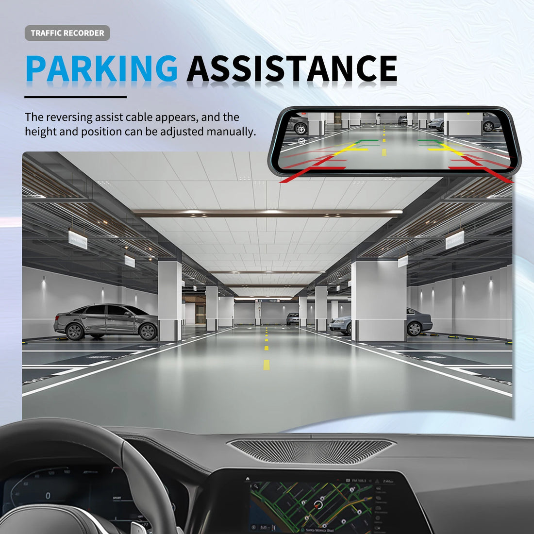 Podofo 9.66Inch Dash Cam 1080P Car DVR Dual Lens HD Rear View Mirror Car Recorder Loop Recording Motion Detection Night Vision