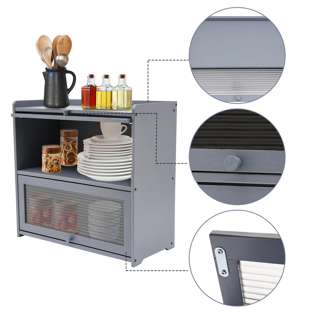 Gray Storage Cabinet, 2-Tier Kitchen Countertop Storage Cabinet with 2 Sliding Striped Acrylic Doors for Condiments Dish Bowls