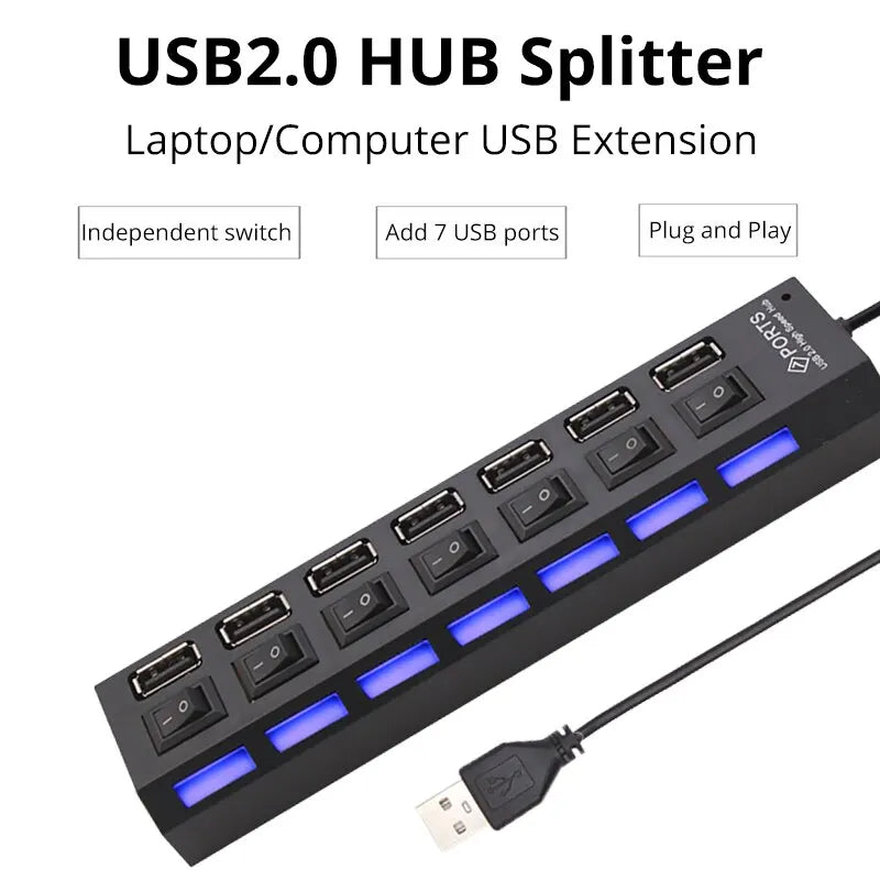 7-Port USB 2.0 Extension Hub – One-to-Seven Splitter for PC & Laptop