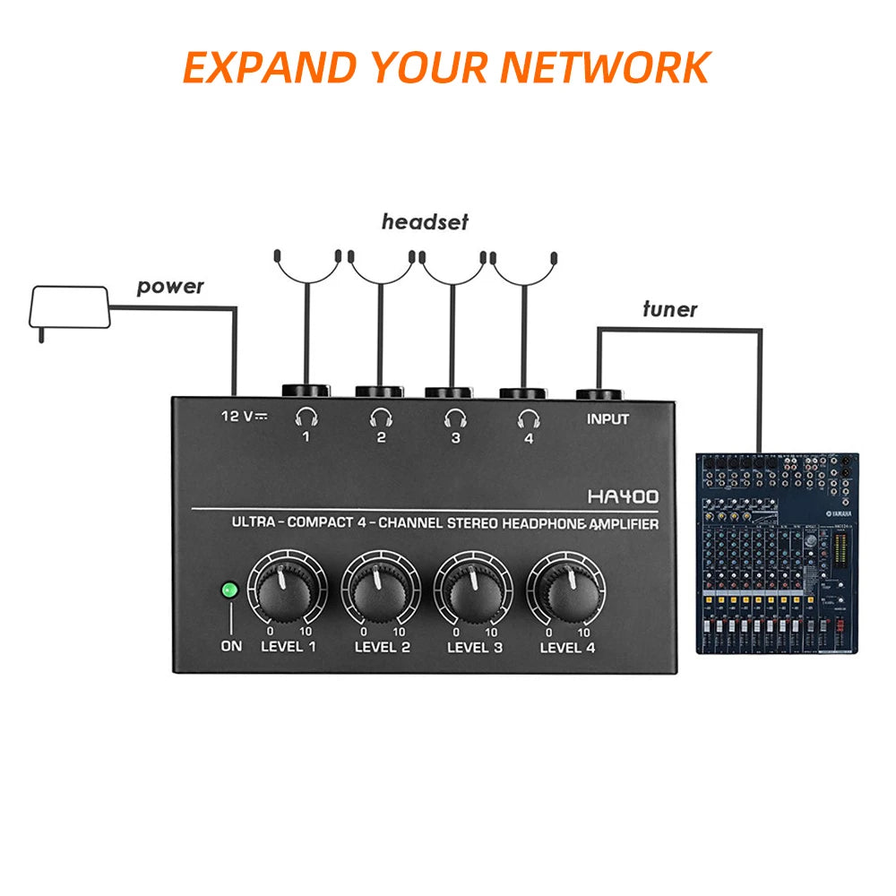 HA400 4-Channel Mini Headphone Amplifier with Power Adapter