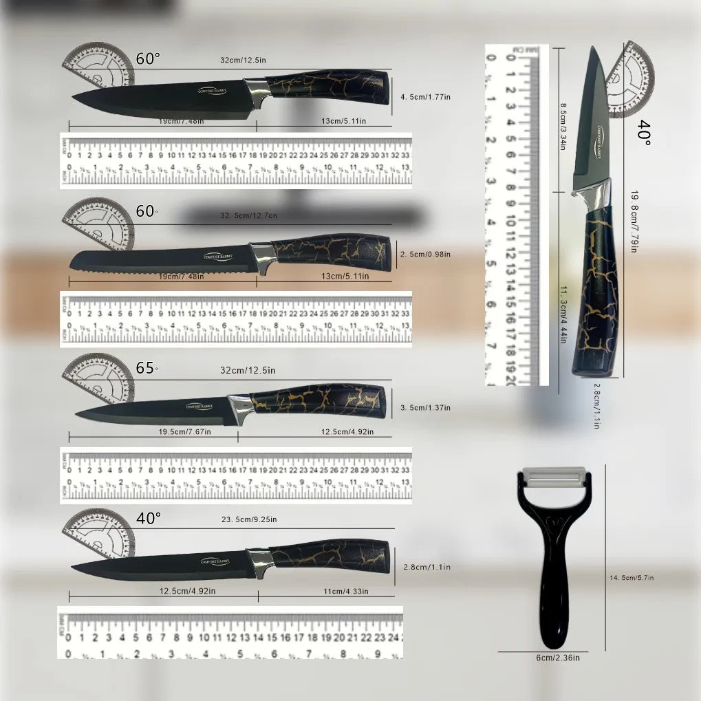 Kitchen knife set, stainless steel non-stick knife, black-edged marble rose gold six-piece set, 2025 explosion