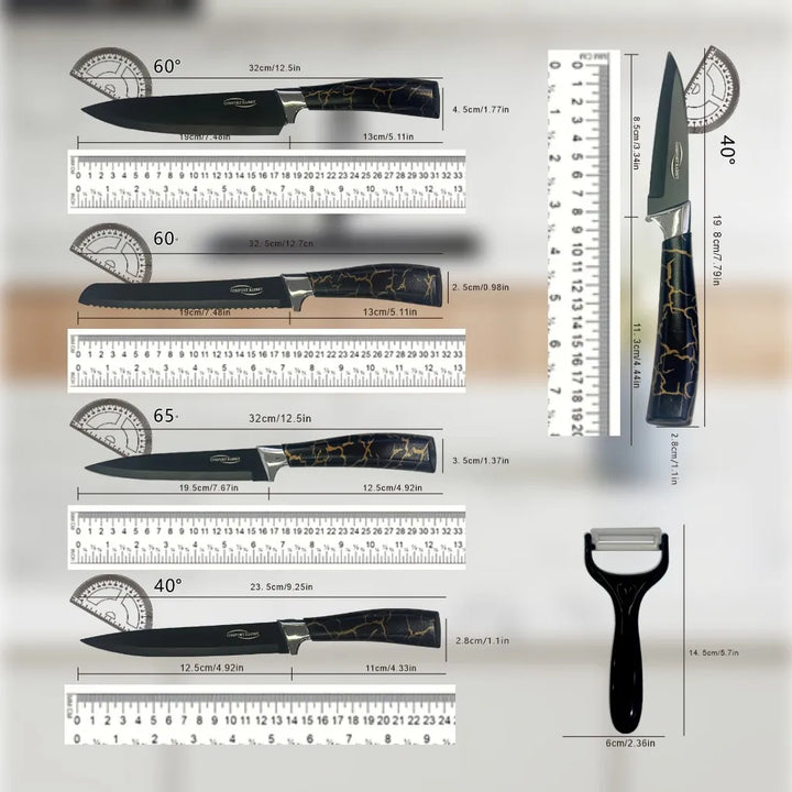 Kitchen knife set, stainless steel non-stick knife, black-edged marble rose gold six-piece set, 2025 explosion