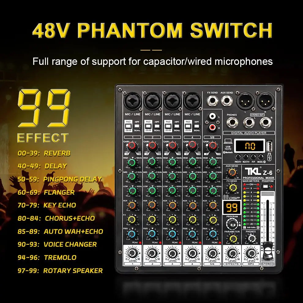 TKLBLS 6-Channel Professional Audio Mixer with DSP & Bluetooth