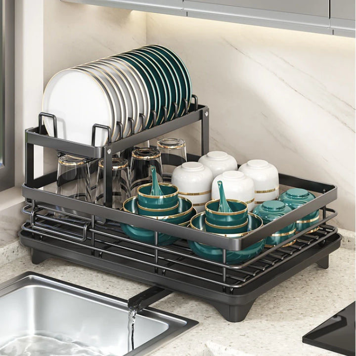Large Dish Drying Rack with Drainboard & Swivel Spout – Black