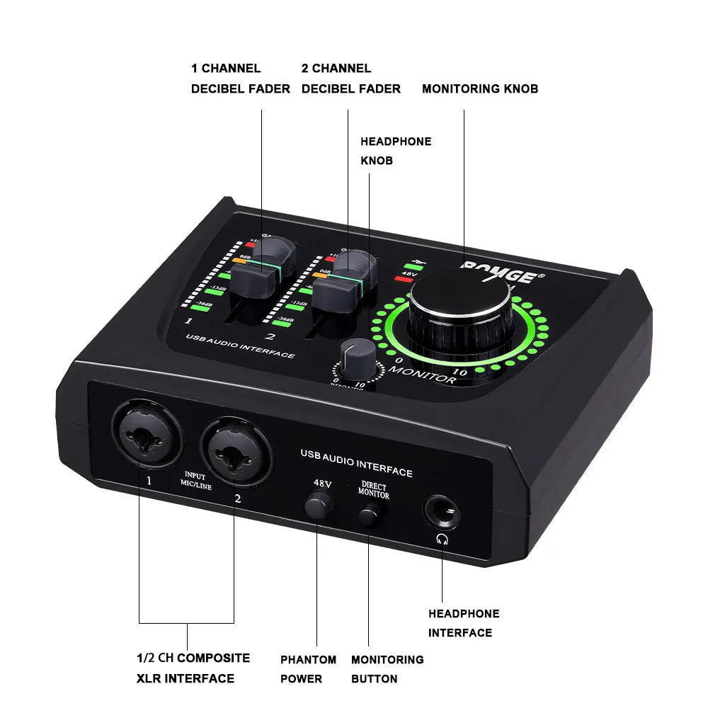 BOMGE Mini 2-Channel USB Audio Interface with Phantom Power