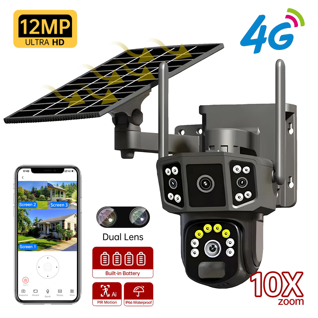 V380 4G SIM Solar Camera 4K Dual Lens Outdoor Security CCTV