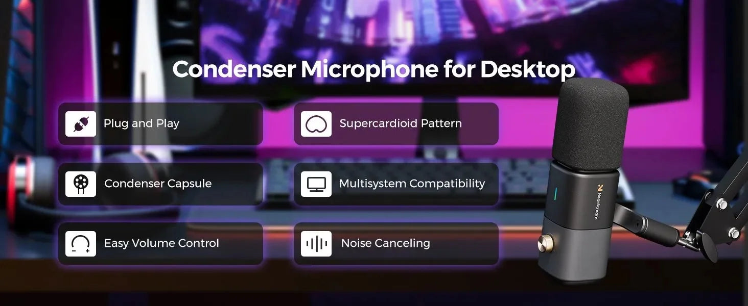 NearStream USB XLR Condenser Mic Boom Arm Plug-and-Play Professional Microphone pc for Streaming Podcast Studio set Recording