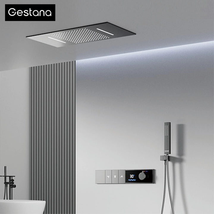 Luxury Brass Gun Grey Thermostatic LED Digital Display 3 Spray Modes Shower System.Ceiling-Embedded Waterfall Outlet Bath Mixer