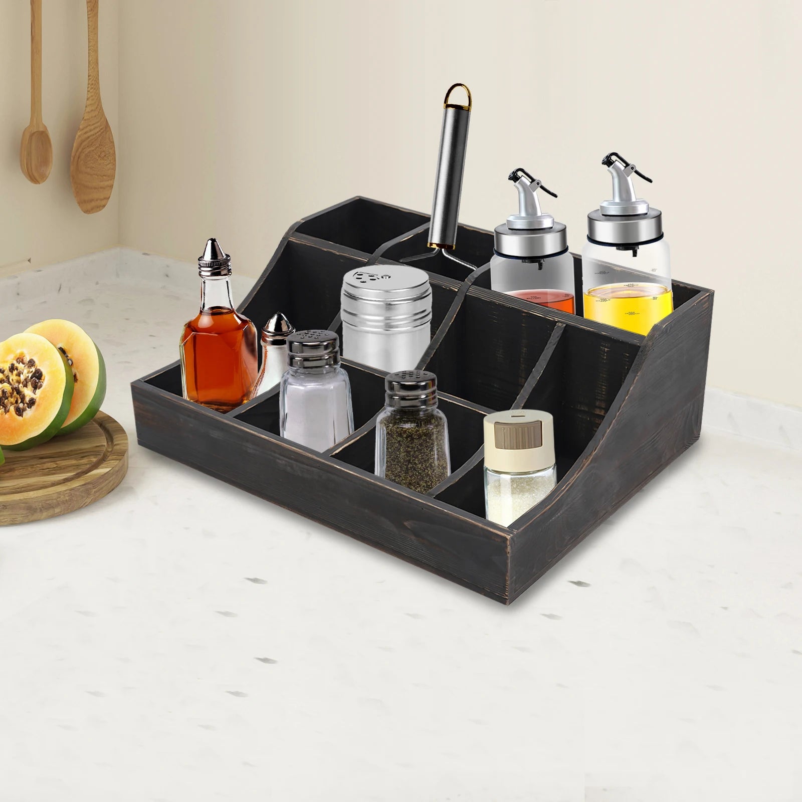 (Black) Wooden Condiment Holder, 9-Compartment Condiment Organizer, Tabletop Tea & Coffee Supplies Organizer, for Kitchen