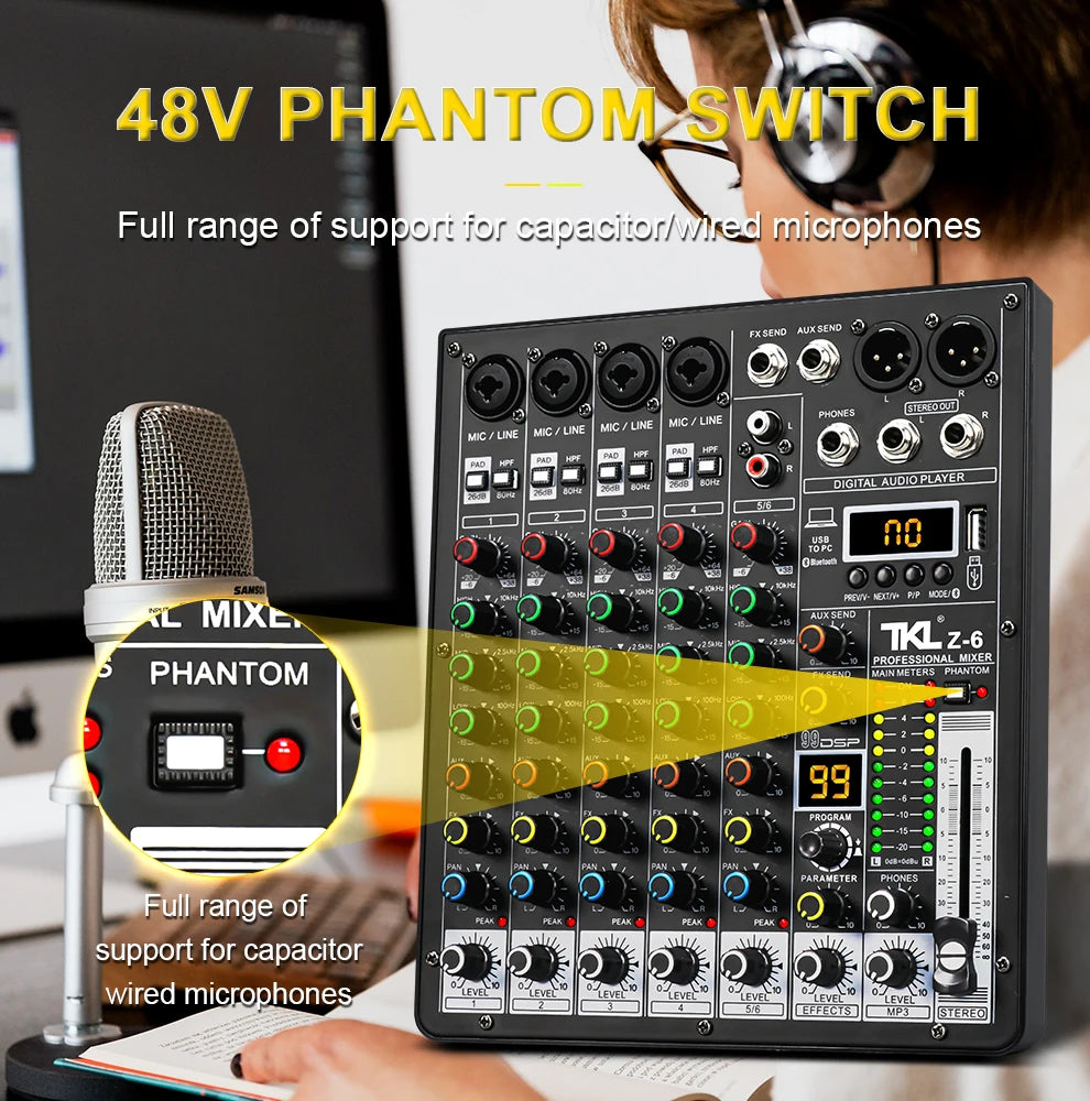 TKLBLS 6-Channel Professional Audio Mixer with DSP & Bluetooth