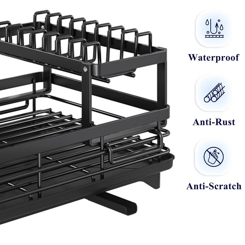 Large Dish Drying Rack with Drainboard & Swivel Spout – Black