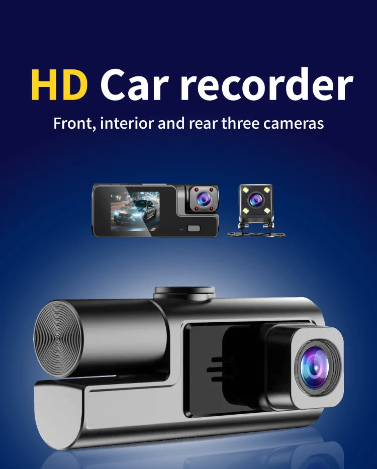 Car Dvr HD 1080P Dash Cam 3Lens Front Inside Rear Wide Angle Loop Recording Night Vision G-sensor Camera Vehicle Accessories