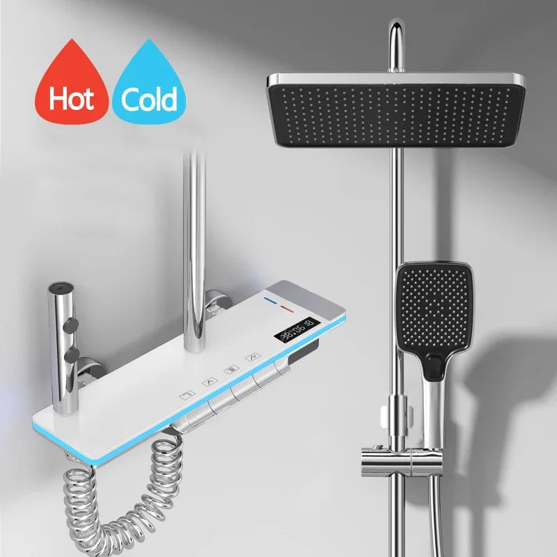 Bathroom Luxury Shower System with Lights Tempered Glass Piano Key Smart Digital Display Thermostat Mixer Shower Faucet Full Set