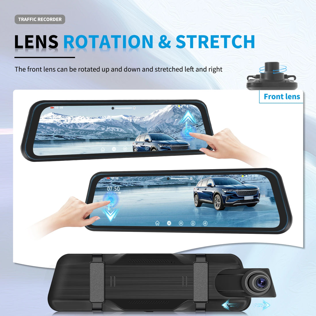Podofo 9.66Inch Dash Cam 1080P Car DVR Dual Lens HD Rear View Mirror Car Recorder Loop Recording Motion Detection Night Vision