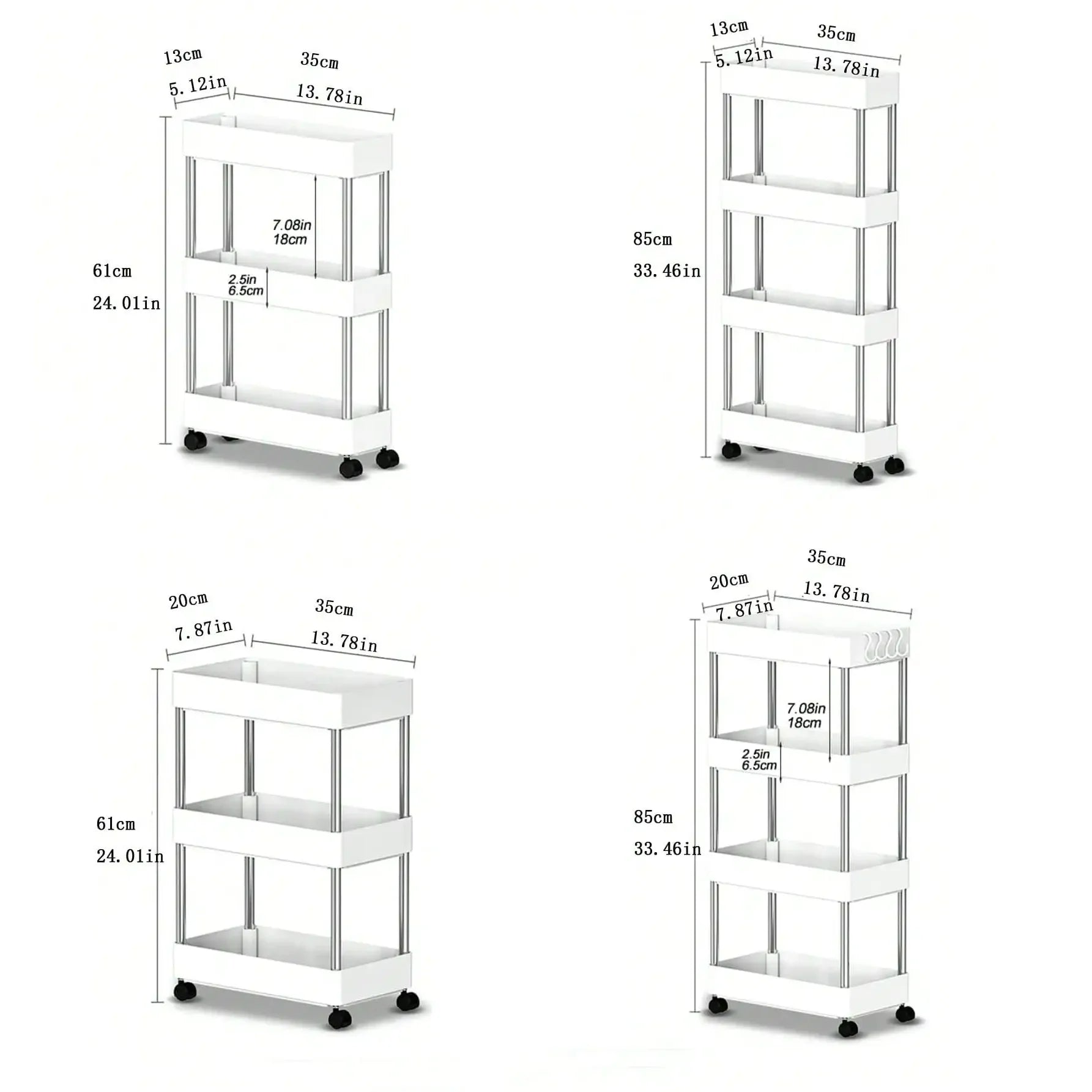 3/4-Tier Slim Rolling Storage Rack