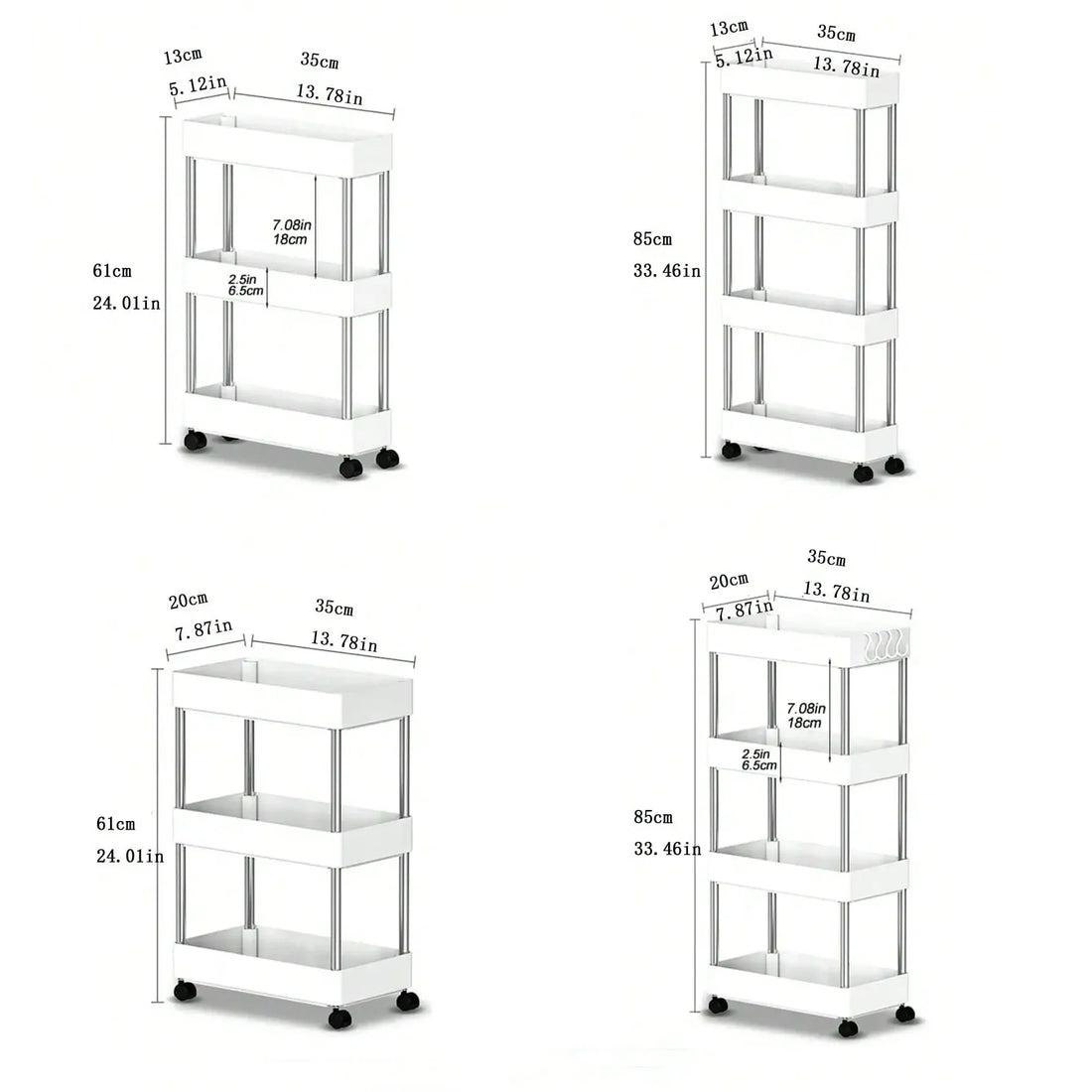3/4-Tier Slim Rolling Storage Rack