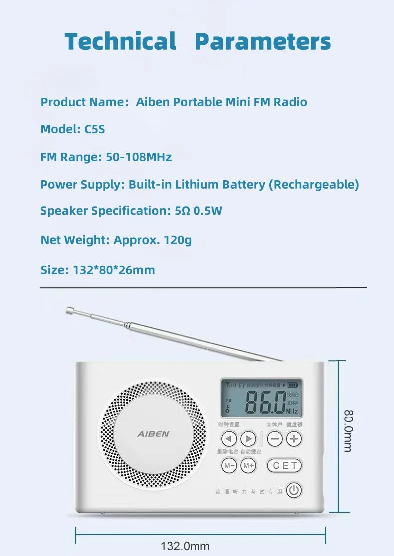 AIBEN C5S Mini Portable Rechargeable FM Radio