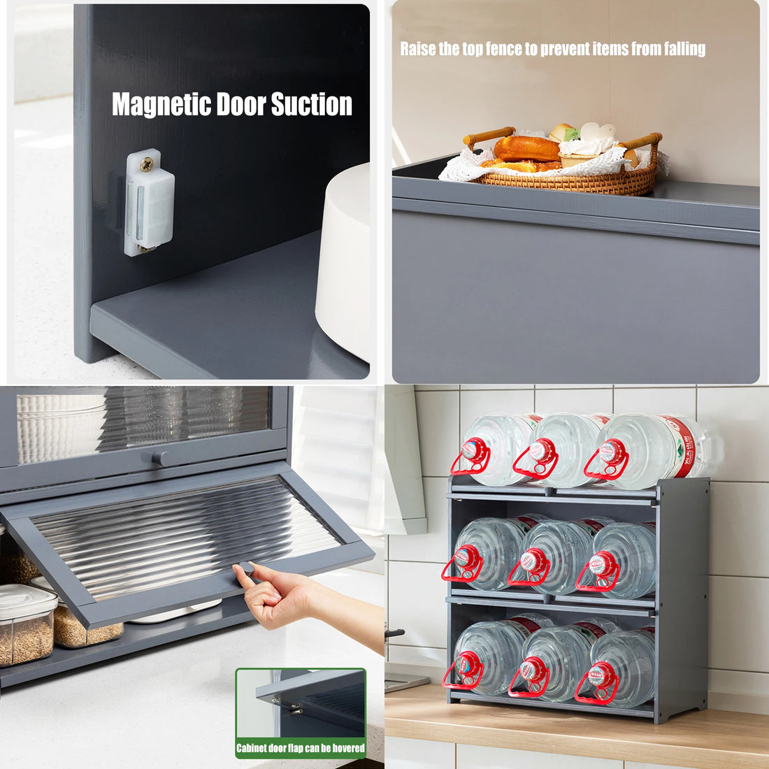 Gray Storage Cabinet, 2-Tier Kitchen Countertop Storage Cabinet with 2 Sliding Striped Acrylic Doors for Condiments Dish Bowls