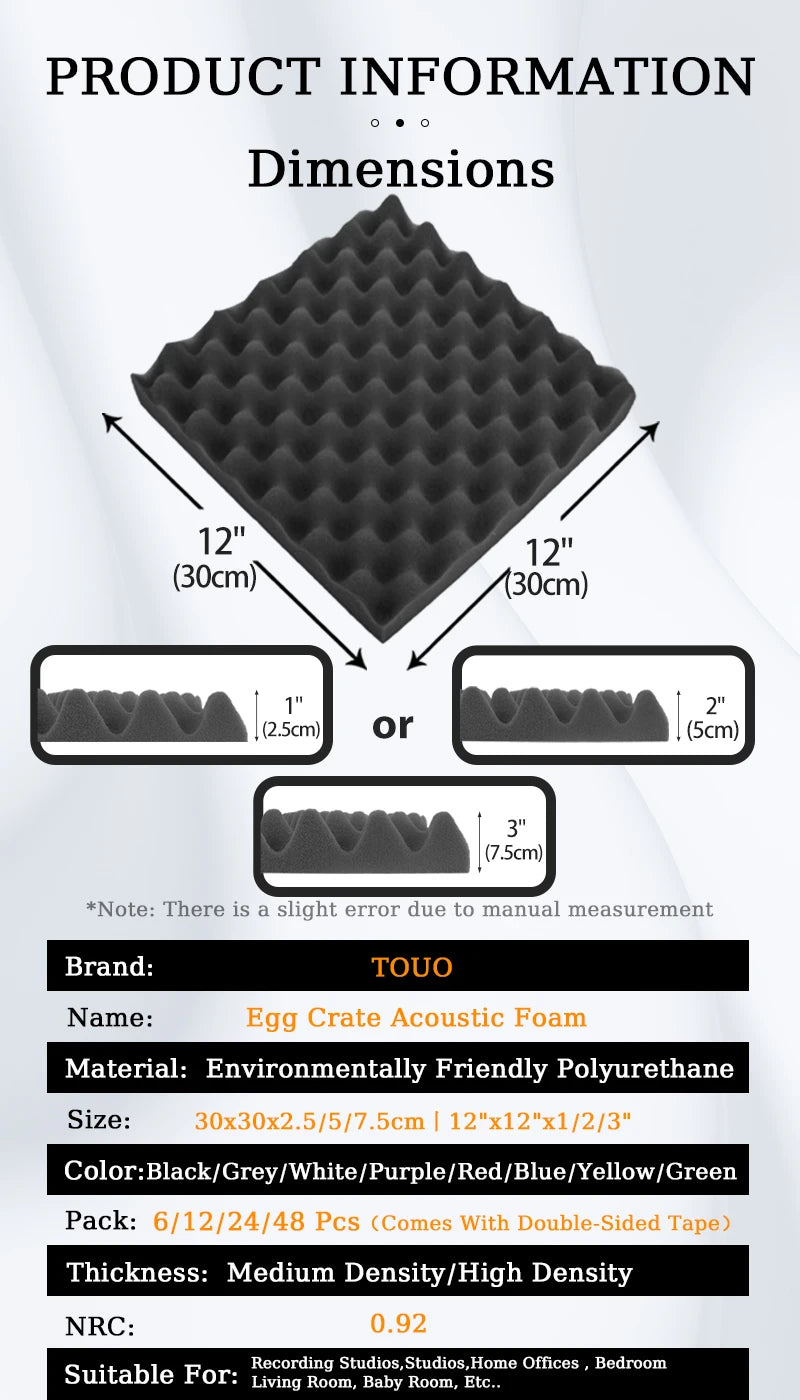 TOUO Egg Trough Wall Soundproof Foam 6 12 24 48 Pcs High Density Sound Absorbing Material Acoustic Foam Ceiling Noise Insulation