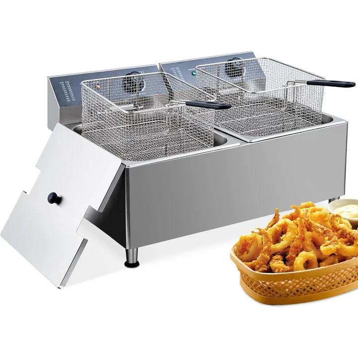 Twin 11L Commercial Deep Fryer with Dual 201 Stainless Steel Tanks and 2 Baskets Lids 3400W Total Power 1700W x 2 at 110V for H
