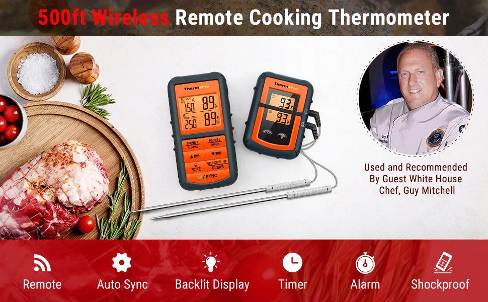 ThermoPro TP08C Dual Probe Backlight 150M Wireless BBQ Grill Food Meat Thermometer For Kitchen Cooking