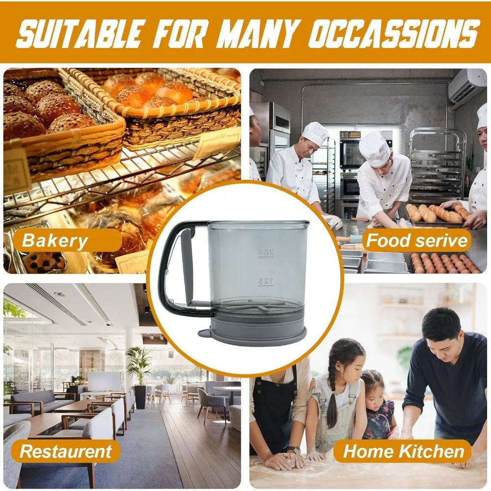 1Pcs Fine Mesh Flour Sifter with Tray Powdered Sugar Plastic Sifter One Hand Press Design Kitchen Cake Filter Baking Tool