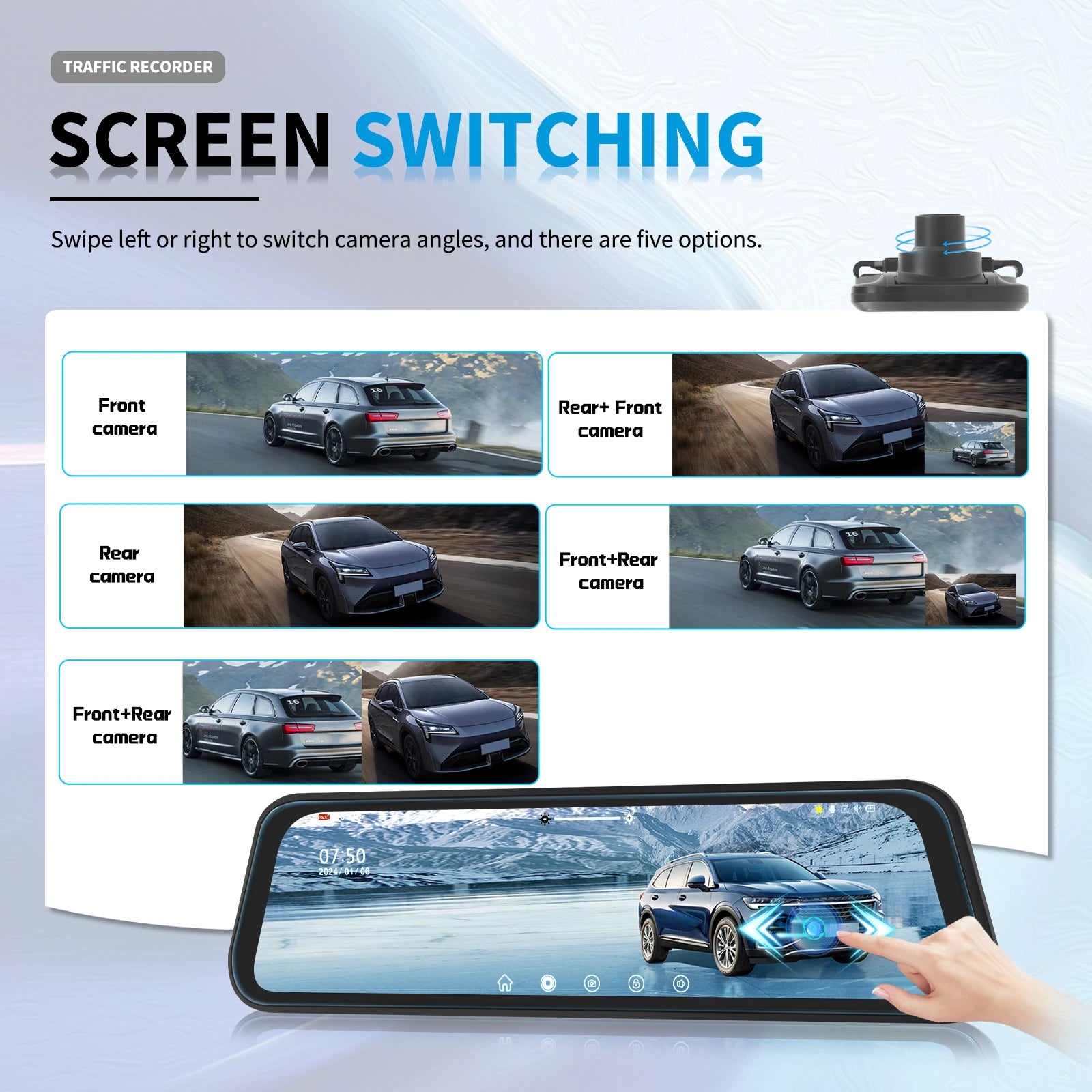 Podofo 9.66Inch Dash Cam 1080P Car DVR Dual Lens HD Rear View Mirror Car Recorder Loop Recording Motion Detection Night Vision
