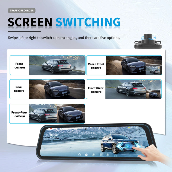 Podofo 9.66Inch Dash Cam 1080P Car DVR Dual Lens HD Rear View Mirror Car Recorder Loop Recording Motion Detection Night Vision