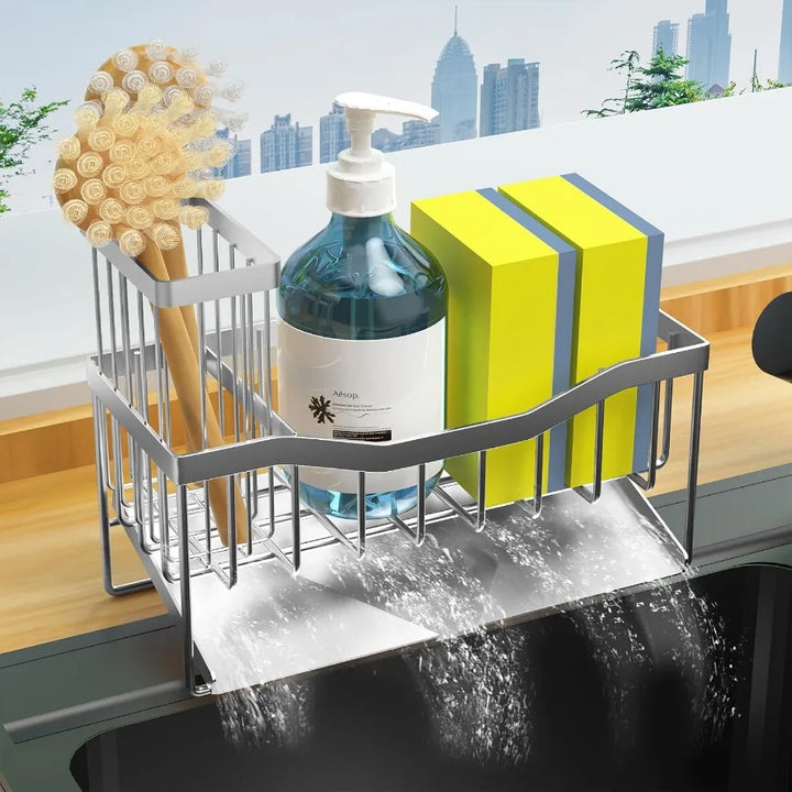 Maifan Sink Caddy Sponge Holder for Kitchen with Brush Holder and Stainless Steel Self Drain Tray Rustproof Kitchen Sink Organi