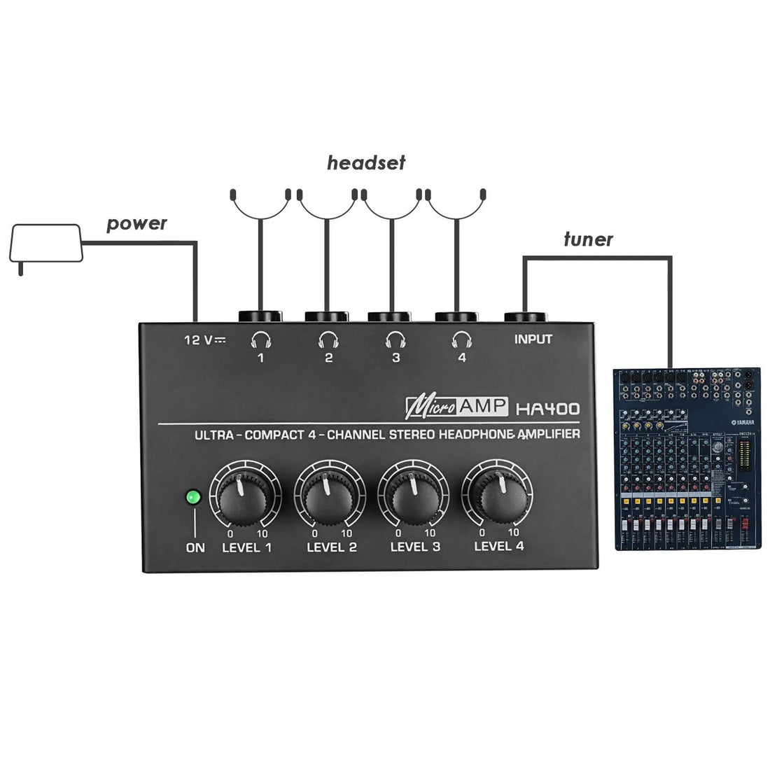HA400 4-Channel Mini Headphone Amplifier with Power Adapter