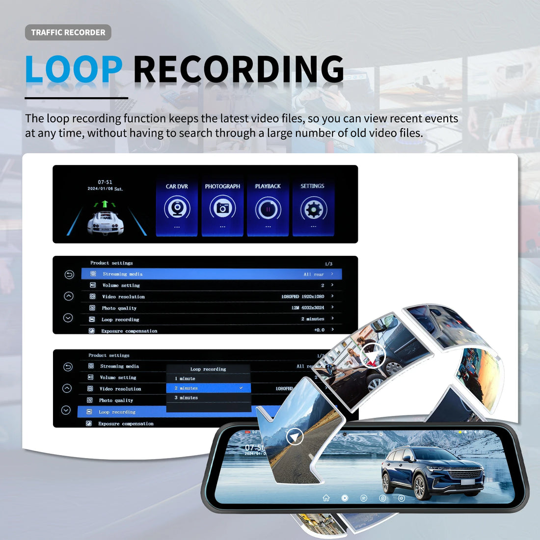 Podofo 9.66Inch Dash Cam 1080P Car DVR Dual Lens HD Rear View Mirror Car Recorder Loop Recording Motion Detection Night Vision