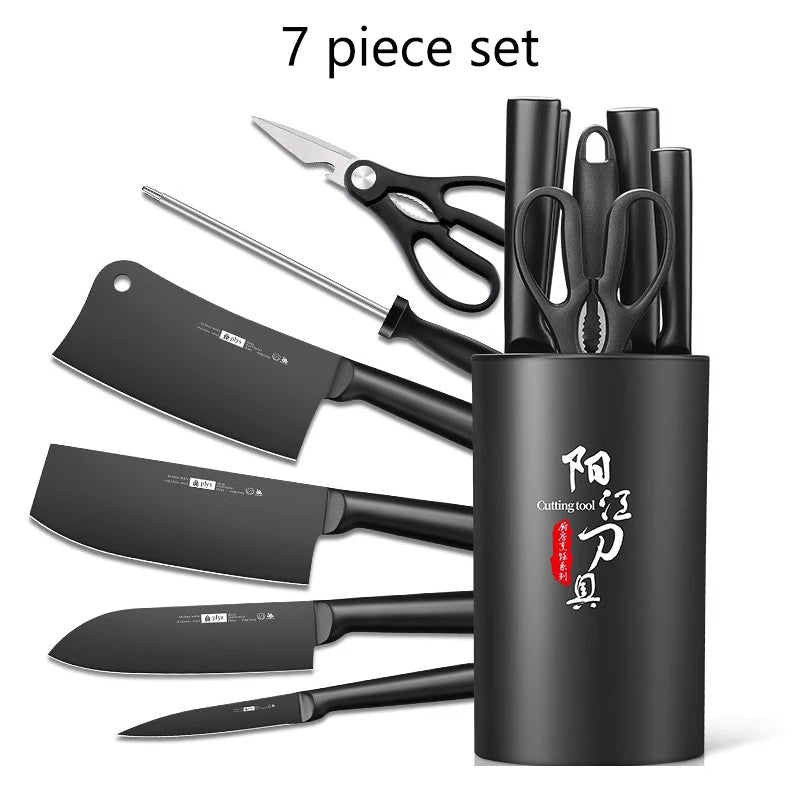 7pcs All-Steel Hollow Handle Kitchen Knife Set-Includes Cleaver,Slicer, Chef's Knife,and Fruit Knife.Round knife holder Home Use