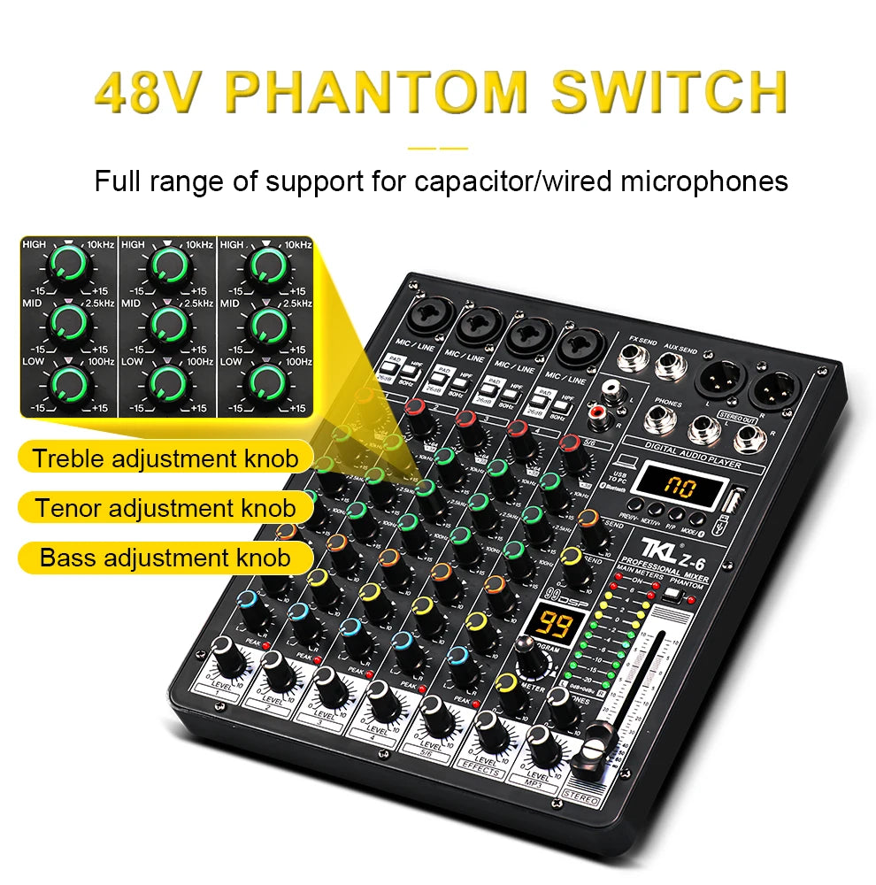 TKLBLS 6-Channel Professional Audio Mixer with DSP & Bluetooth