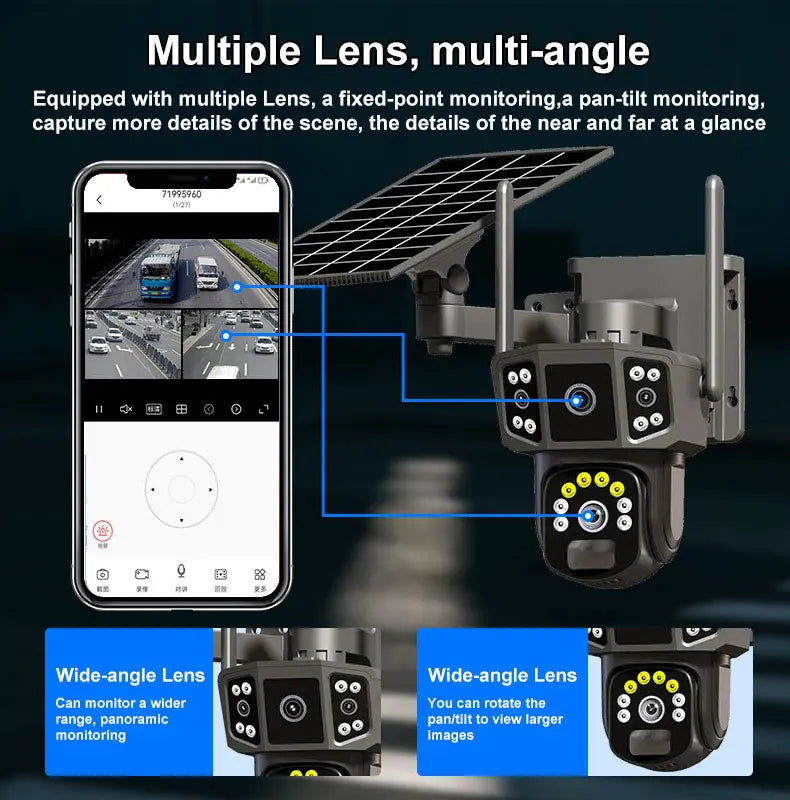 V380 4G SIM Solar Camera 4K Dual Lens Outdoor Security CCTV