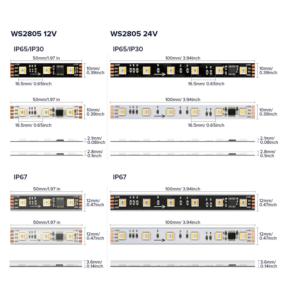WS2805 Pixels LED Strip Light RGBCCT 5 in 1 Addressable LED Lights Dual Signal RGB WW CW 3000K-6500K 12V 24V 60LED 1IC to 3/6LED