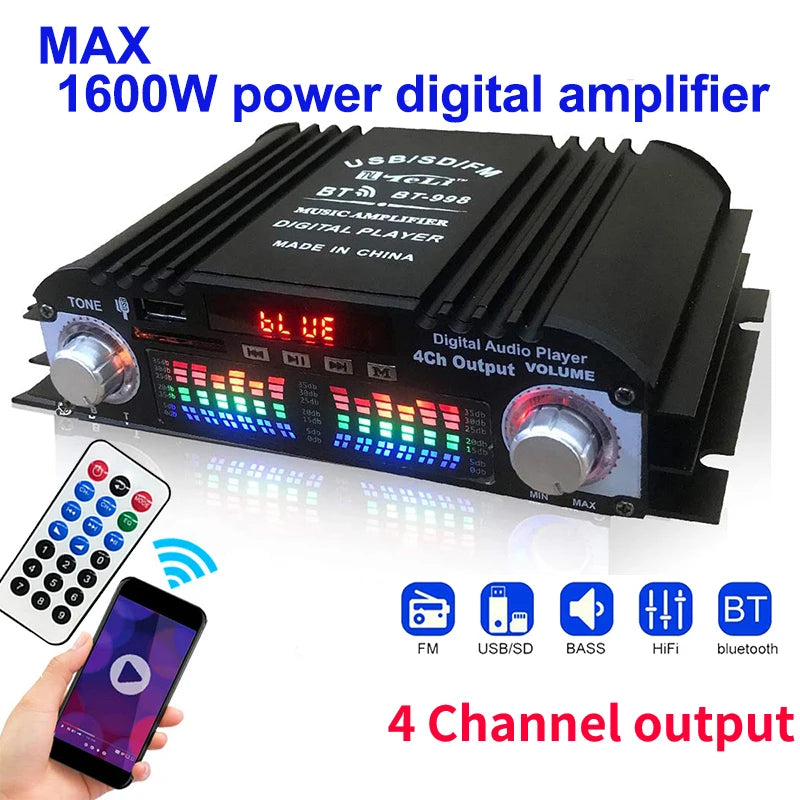 1600W HiFi Bluetooth 4-Channel Audio Amplifier